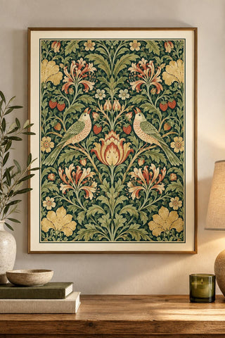 William Morris Style Botanical Print, Floral Bird Green Decor