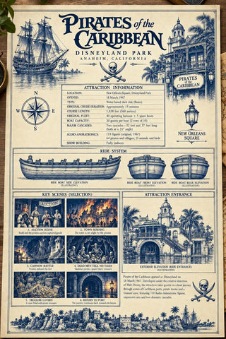 Pirates of the Caribbean Blueprint Print, Disneyland Anaheim Poster,