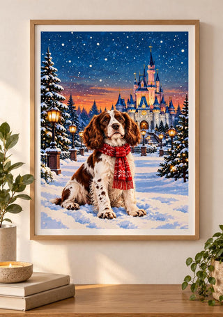 Christmas Springer Spaniel Print, Fairytale Castle Wall Art