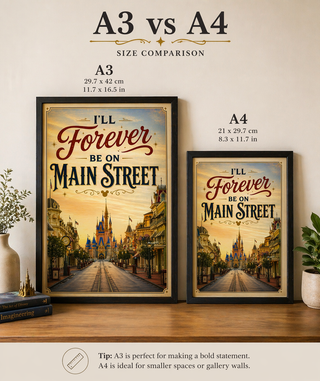 Disney World Orlando Magic Kingdom, I’ll Forever Be On Main Street Print, A4 A3 Wall Art, Inspired Gift Travel Poster