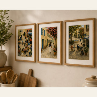 French Village Wall Art Set of 3 | Cottagecore Folk Art Prints | A4 & A3