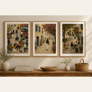 French Village Wall Art Set of 3 | Cottagecore Folk Art Prints | A4 & A3