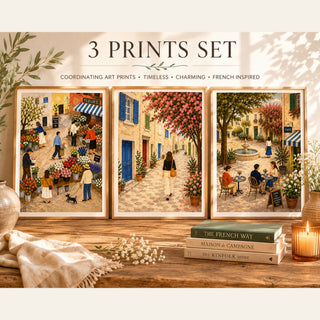 French Village Wall Art Set of 3 | Cottagecore Folk Art Prints | A4 & A3
