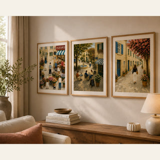French Village Wall Art Set of 3 | Cottagecore Folk Art Prints | A4 & A3