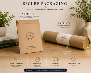 Secure packaging solution for prints with cardboard envelope and poster tube on a wooden surface.