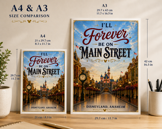 Two 'I'll Forever Be on Main Street' posters with size comparison labels on a neutral background.