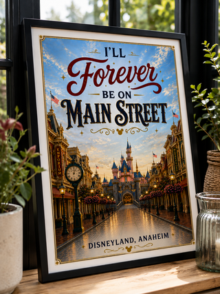 Framed poster with Disneyland, Anaheim theme on a table with plants.