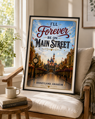 Framed poster of Disneyland with 'I'll Forever Be on Main Street' text in a living room setting.