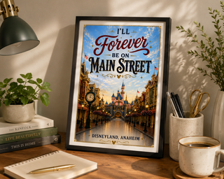 Framed poster of Disneyland with text 'I'll Forever Be on Main Street' on a desk with books and a cup.