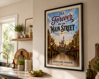 Framed poster of Disneyland with a cityscape design on a wall in a kitchen.
