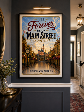 Framed poster with 'I'll Forever Be on Main Street' text and Disneyland, Anaheim image on a dark wall.