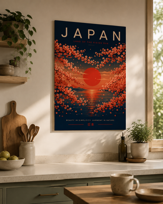 Poster of Japan with cherry blossoms and a sunset in a kitchen setting.