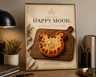 Framed poster with pizza shaped like Mickey Mouse ears on a wooden board, text 'Good Food Happy Mood' in a home setting.