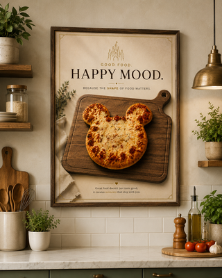 Pizza shaped like a mouse head on a wooden board with 'Happy Mood' poster in a kitchen setting.