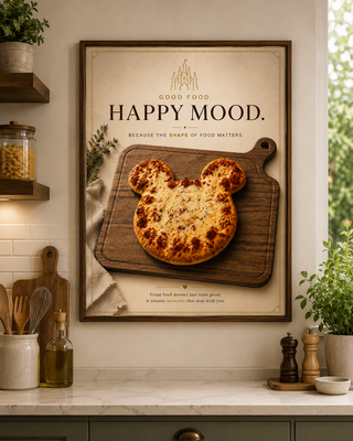 Framed picture of a pizza with a castle design on a kitchen wall, featuring the text 'Good Food Happy Mood'.