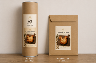 A3 tube and A4 envelope with 'Happy Mood' branding on a wooden surface.