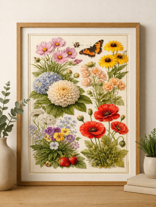 Framed botanical illustration of flowers and fruits on a wall.