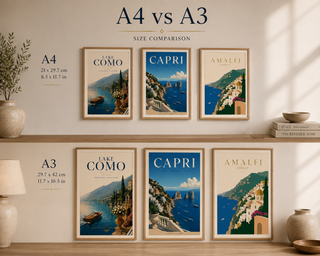 Comparison of A4 and A3 size posters of Lake Como, Capri, and Amalfi on a wall.