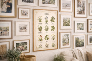 Wall with framed pictures and a botanical print of herbs