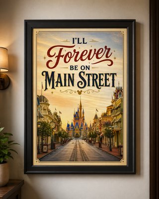Framed poster with 'I'll Forever Be on Main Street' text and a castle design on a wall.